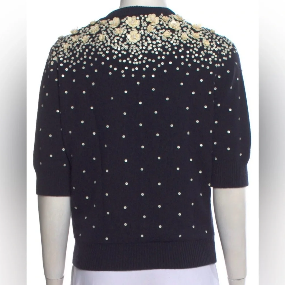 Michael Kors Navy Sweater with Sequin and Floral Embellishment